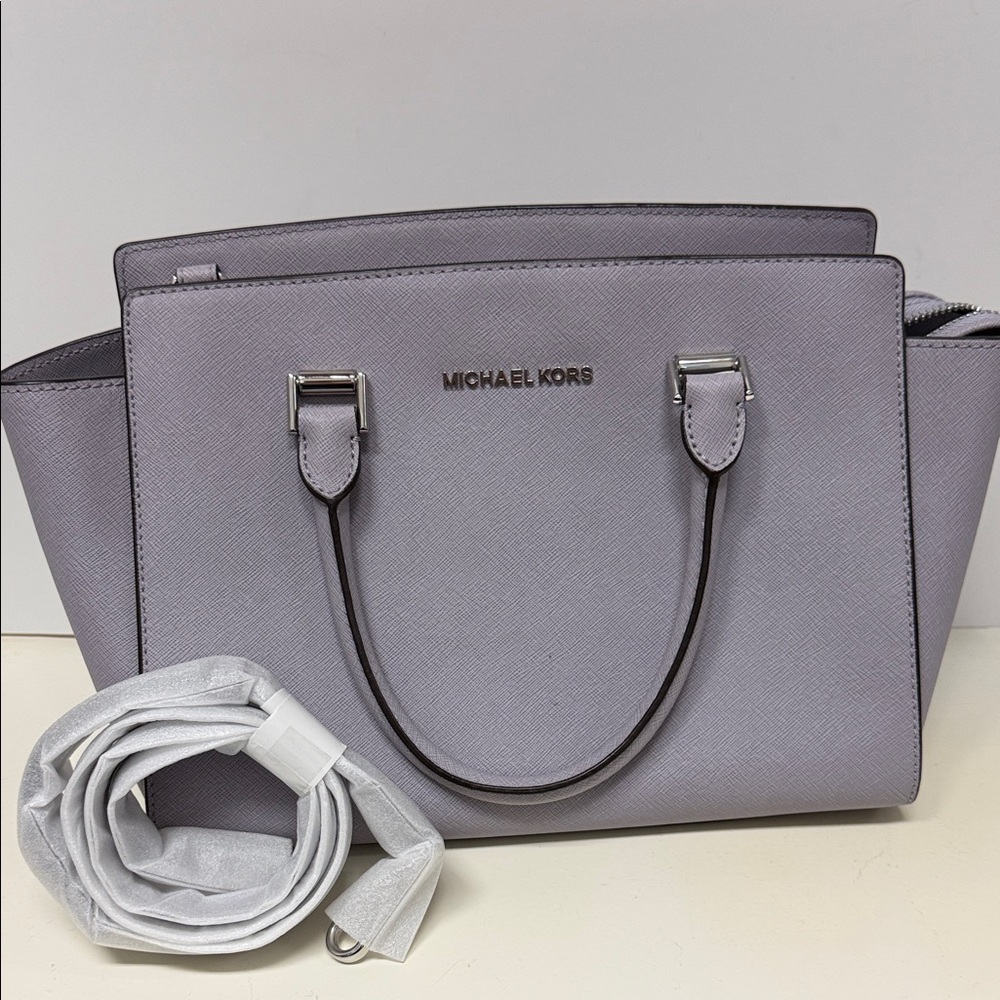 Michael Kors Selma Gray Blue Medium Satchel Bag with crossbody strap, Excellent